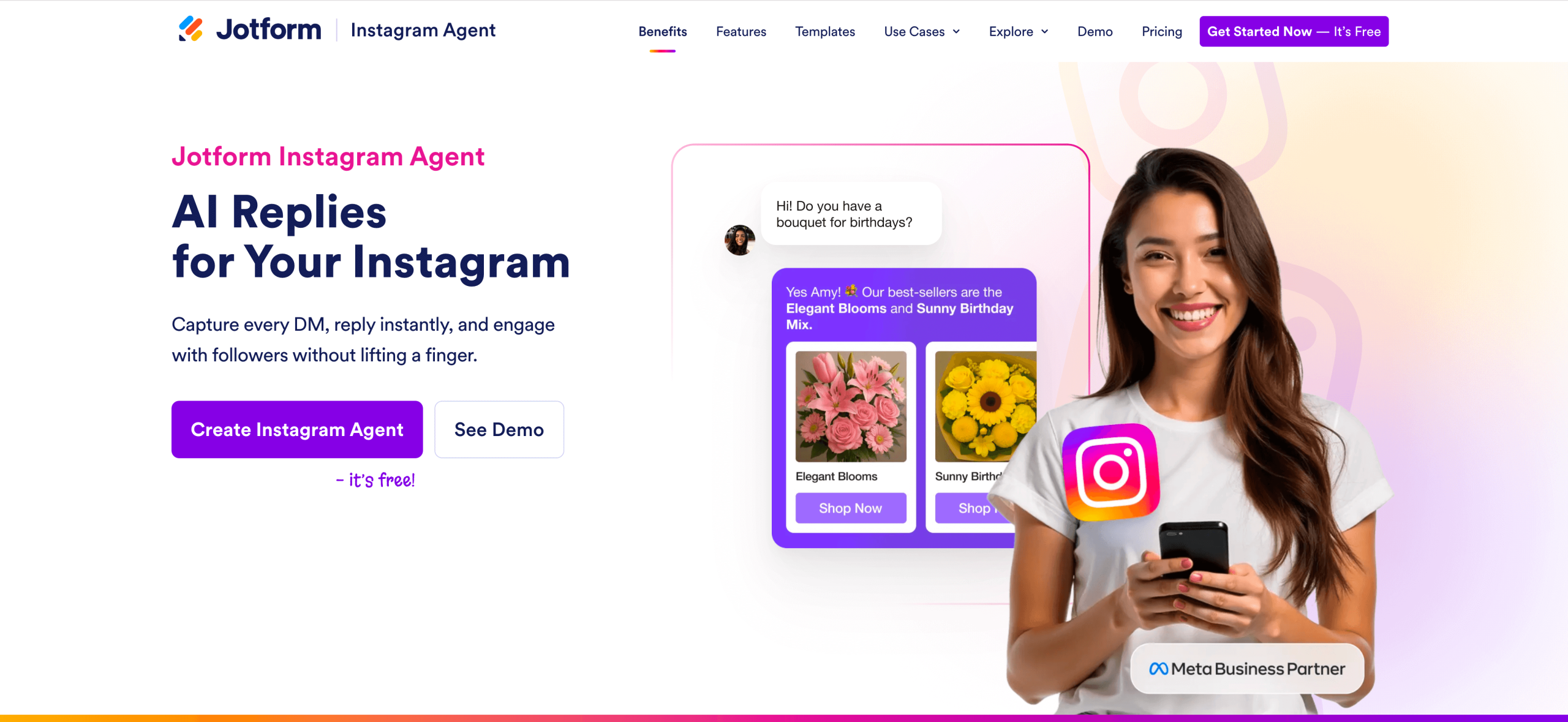 Screenshot of Jotform Instagram Agent landing page, showing a headline "AI Replies for Your Instagram"