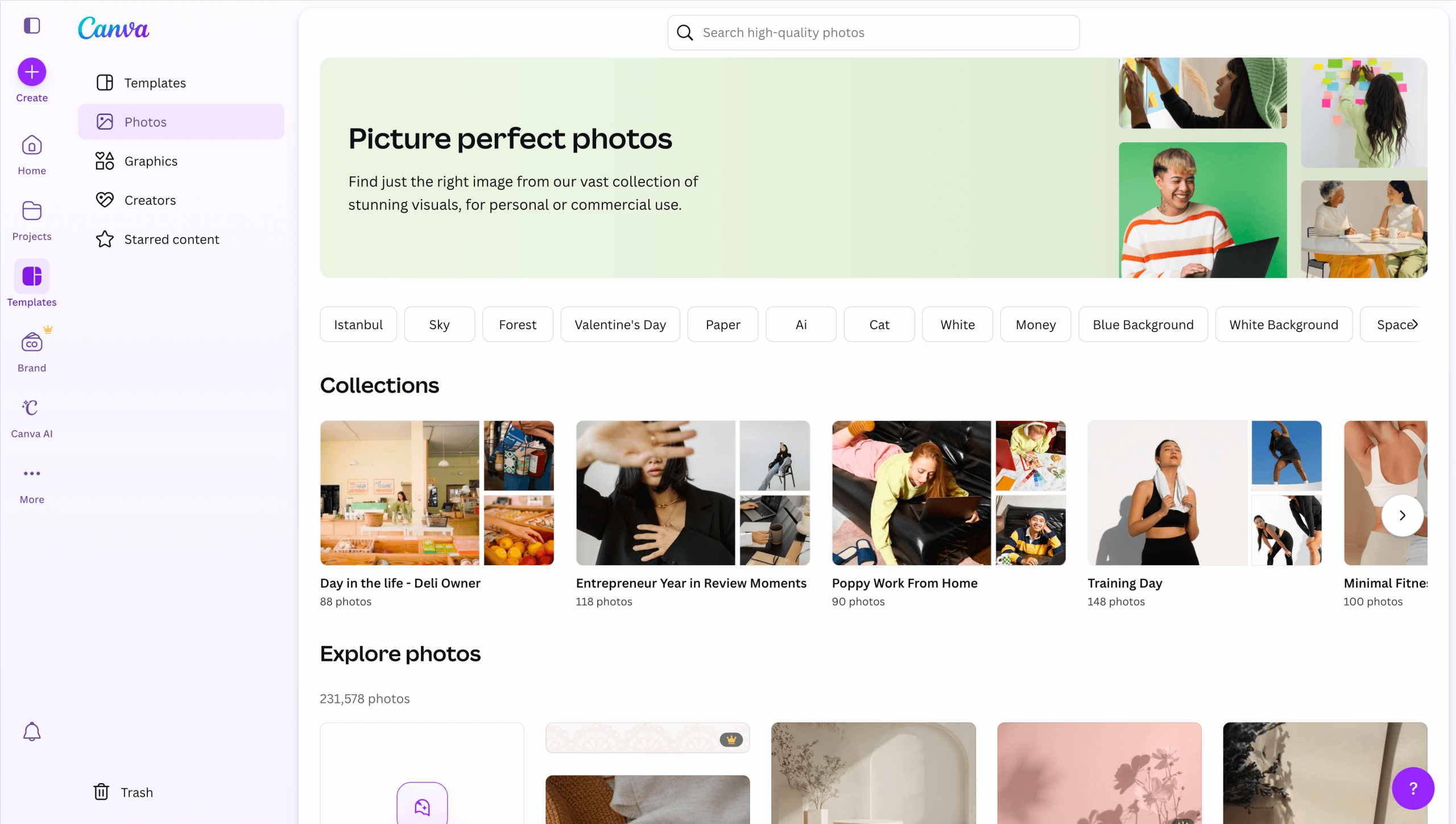Canva Photos page showing a “Picture perfect photos” banner with a search bar, category tags like Istanbul and Sky, a left sidebar menu, and curated photo collections such as “Day in the life – Deli Owner” and “Training Day,” with image thumbnails displayed below