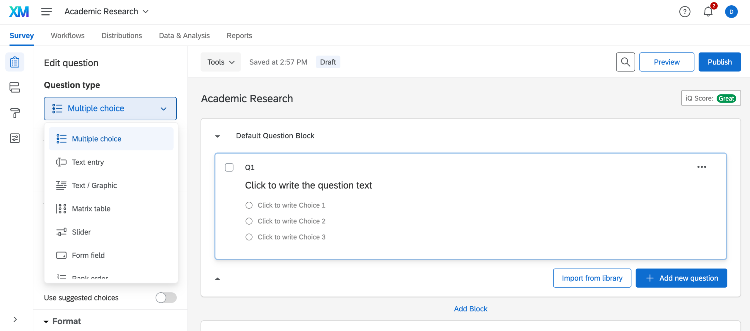 Screenshot from a Qualtrics form setup with question, answer type, and multiple choice options