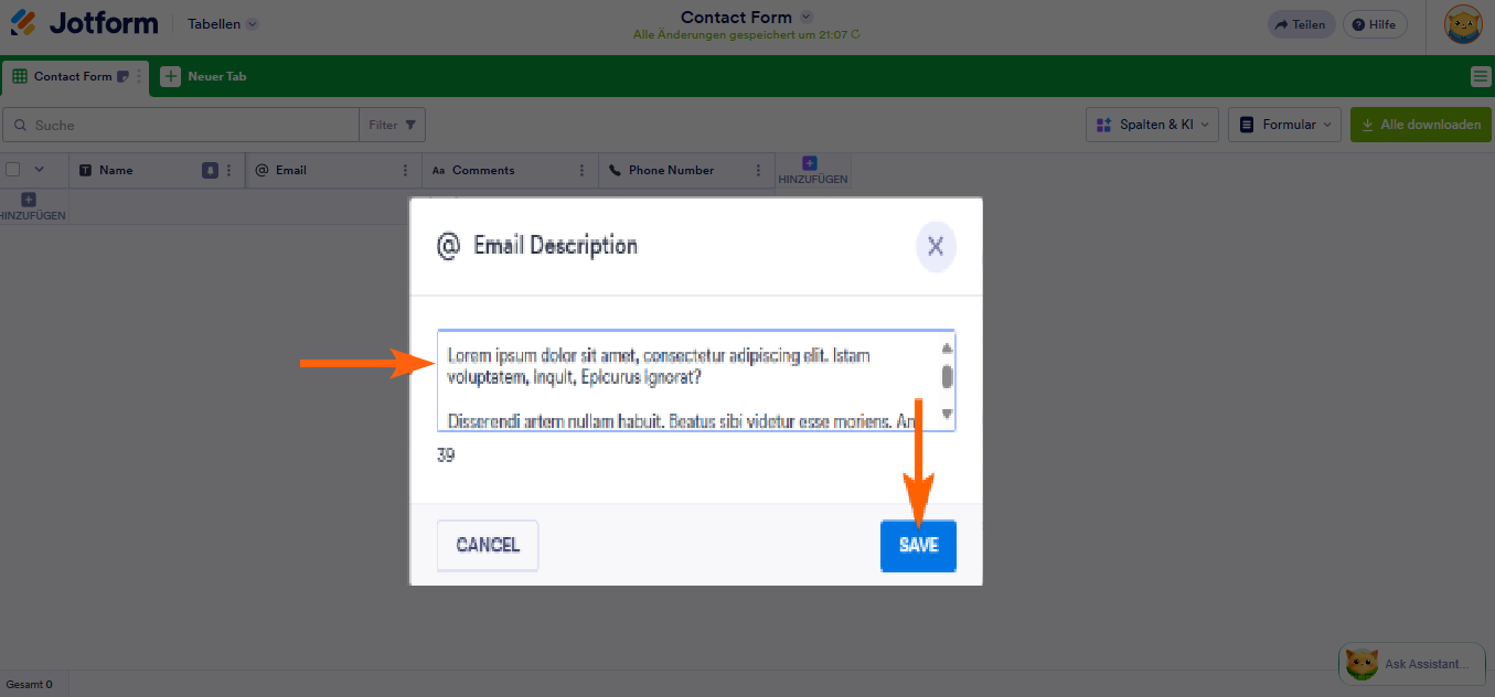 So fügen Sie Beschreibungen zu Registerkarten und Spalten in Jotform Tabellen hinzu Image-6