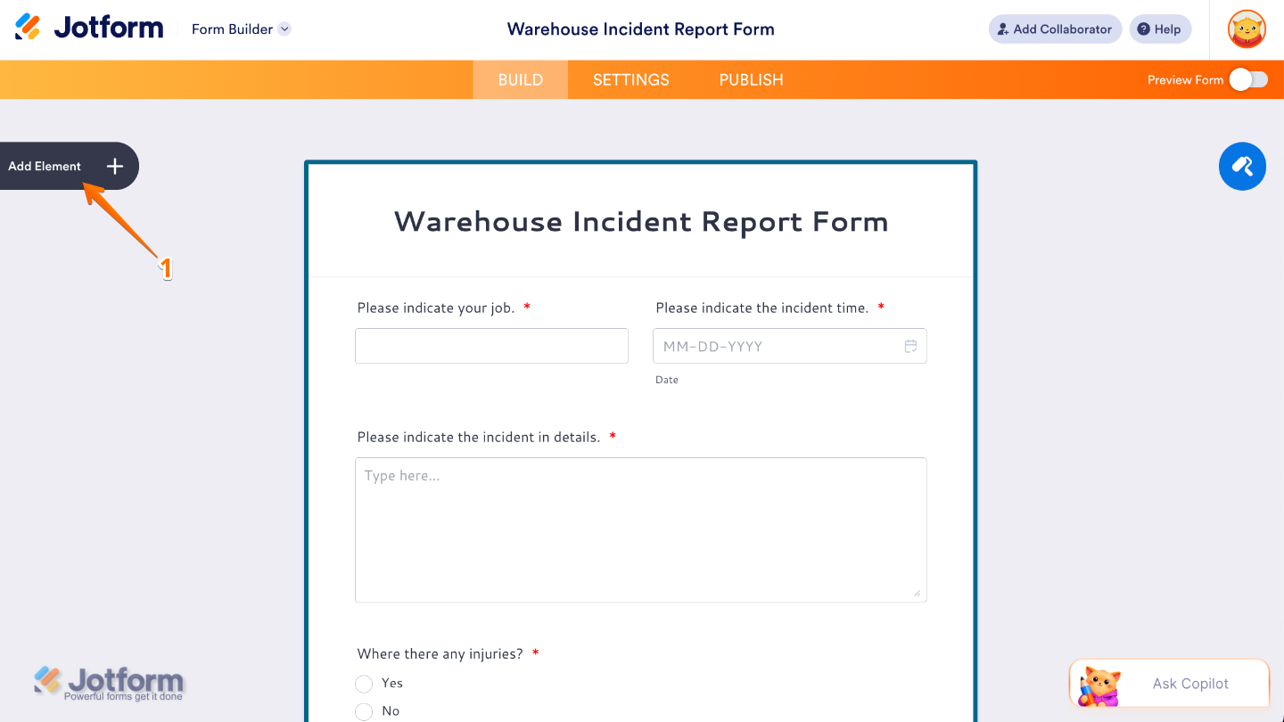Form Builder interface showing the Add Element button on the left side of the page