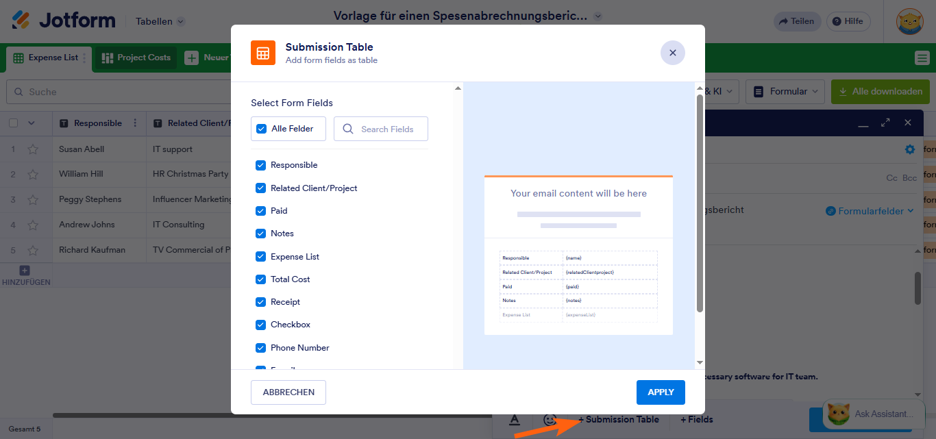 So verwenden Sie Optionen für den direkten E-Mail-Versand in Jotform Tabellen Image-7