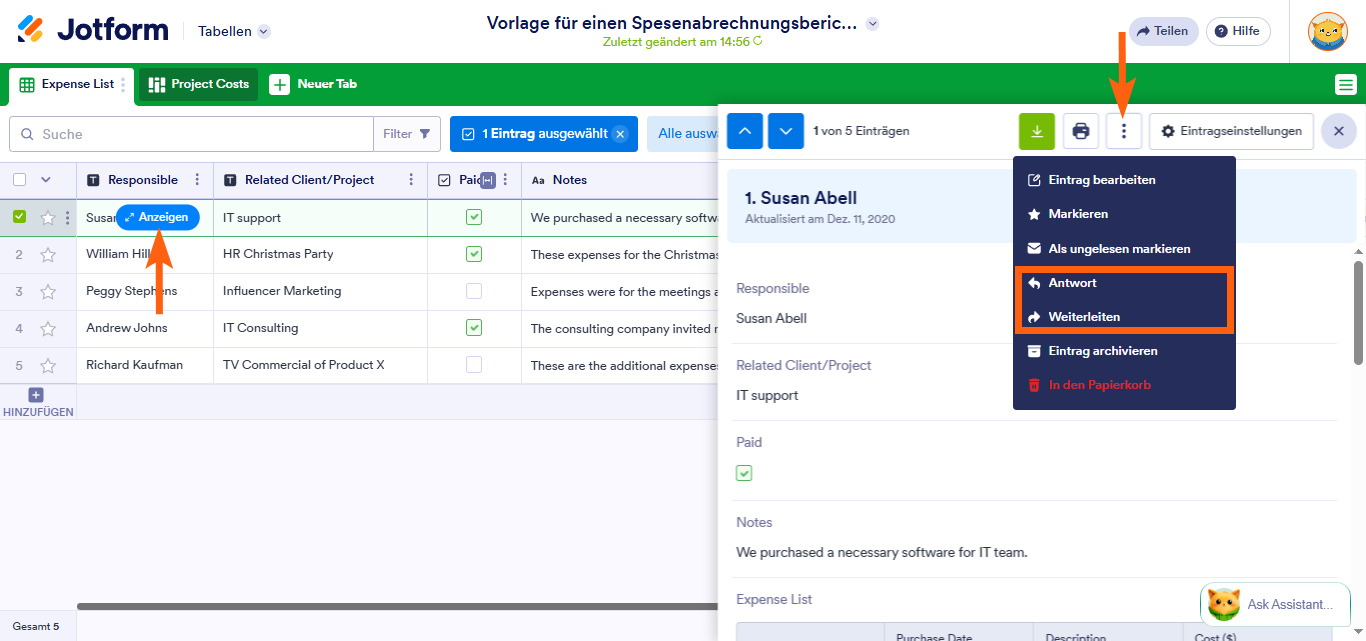 So verwenden Sie Optionen für den direkten E-Mail-Versand in Jotform Tabellen Image-3