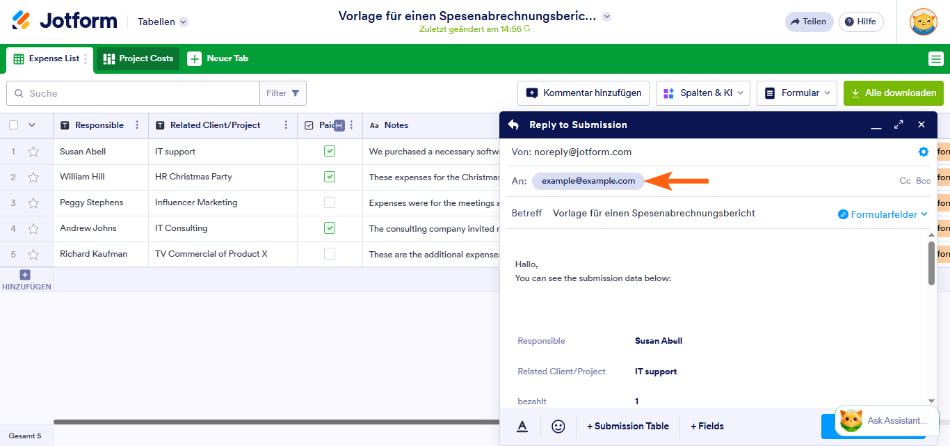 So verwenden Sie Optionen für den direkten E-Mail-Versand in Jotform Tabellen Image-4