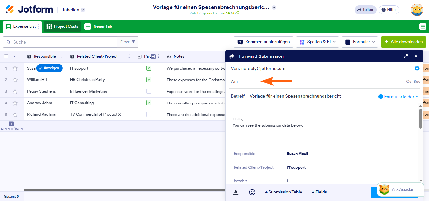 So verwenden Sie Optionen für den direkten E-Mail-Versand in Jotform Tabellen Image-5