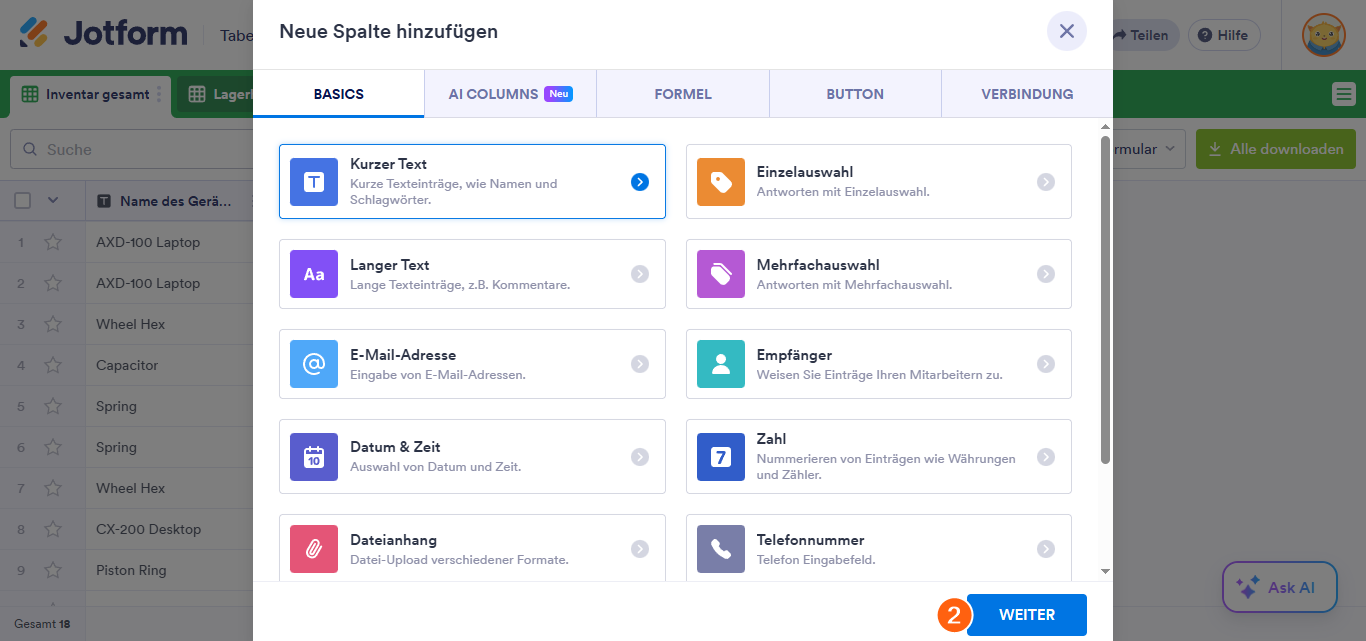 So richten Sie grundlegende Elementspalten in Jotform Tabellen ein Image-2