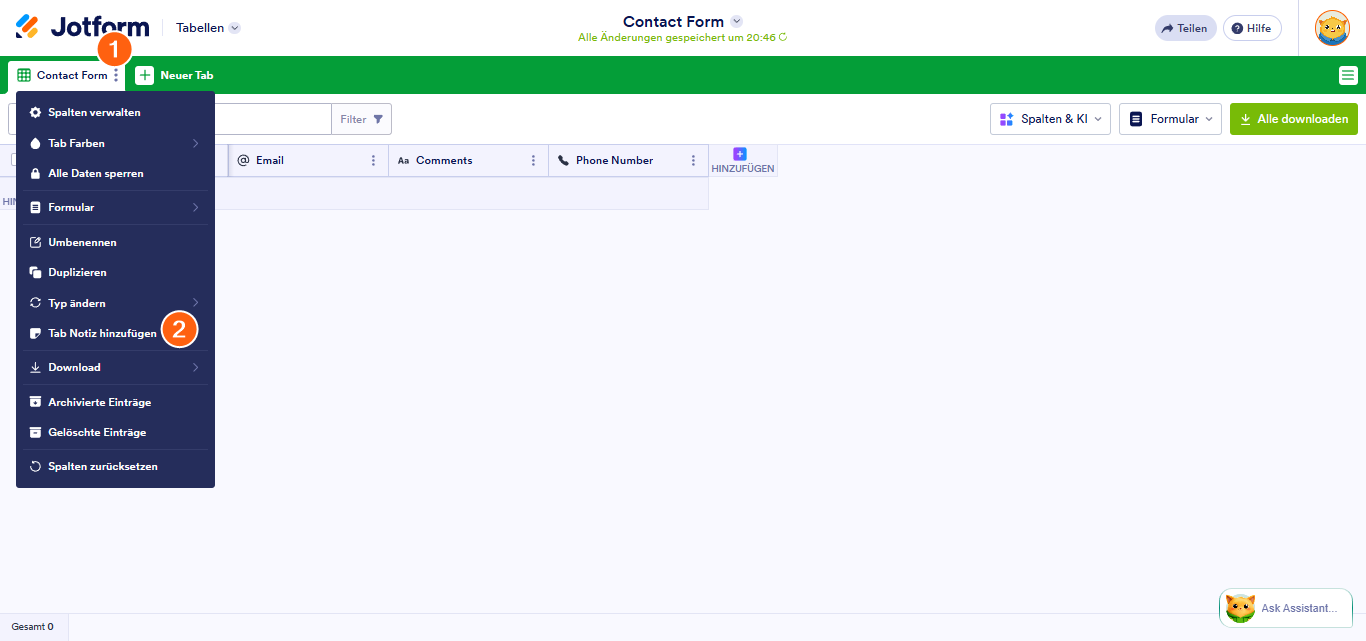 So fügen Sie Beschreibungen zu Registerkarten und Spalten in Jotform Tabellen hinzu Image-1