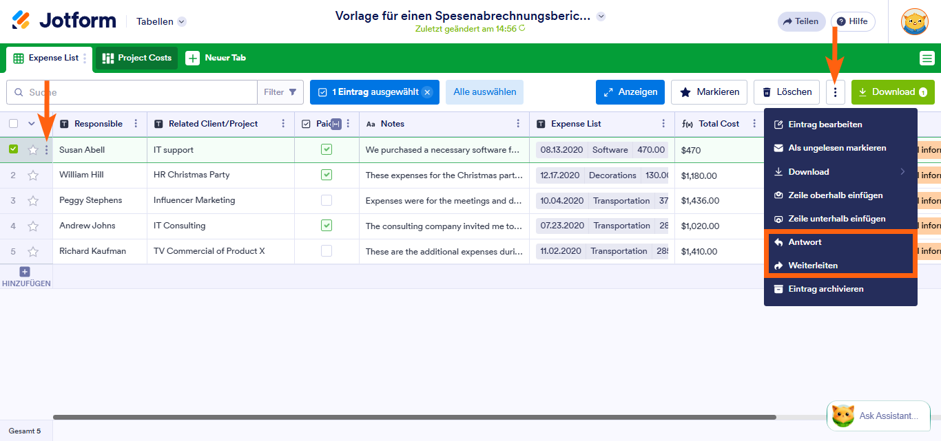 So verwenden Sie Optionen für den direkten E-Mail-Versand in Jotform Tabellen Image-2