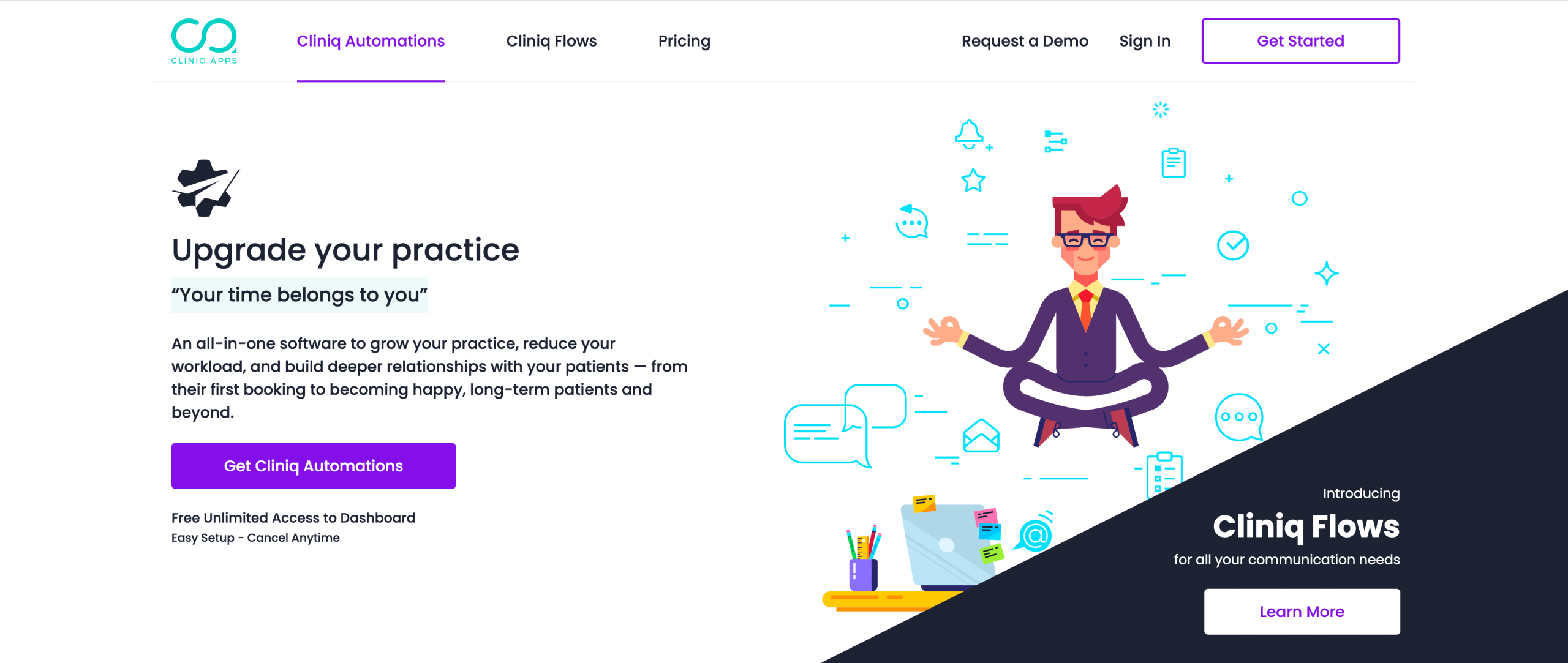 Screenshot of Cliniq Apps' landing page, showing a headline "Upgrade your practice"