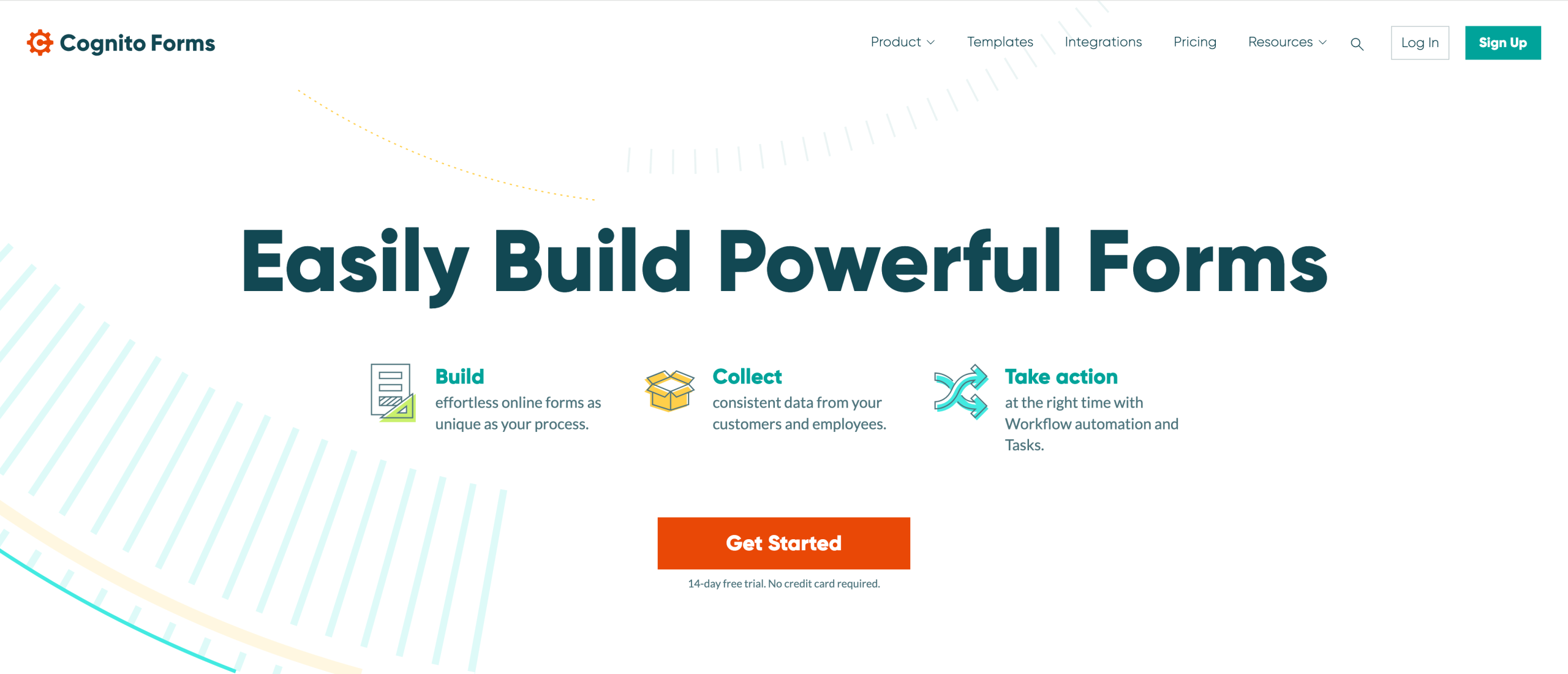 Screenshot of Cognito Forms' landing page, showing a headline "Easily Build Powerful Forms"