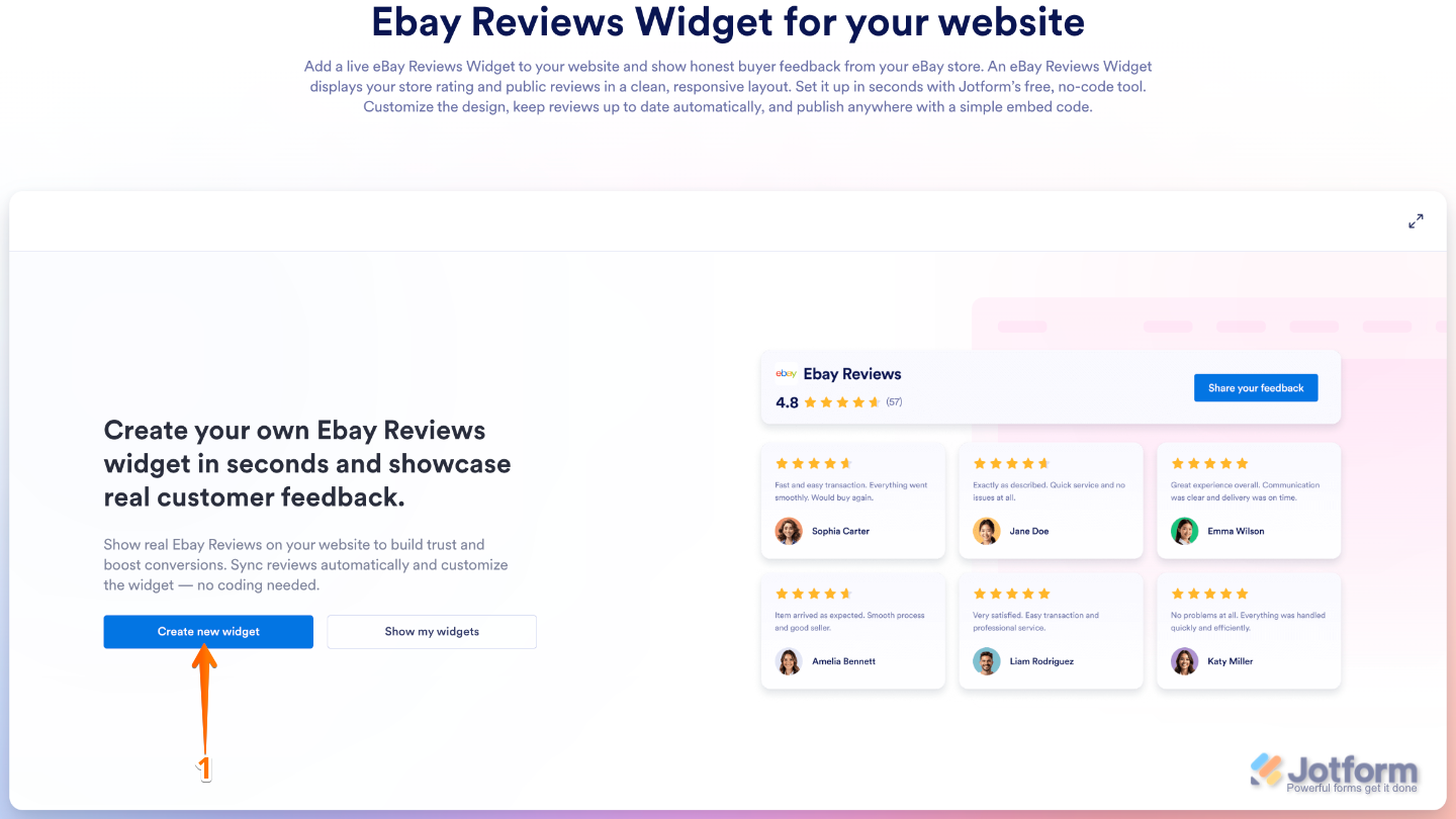 eBay Reviews widget page showing the Create New Widget button on the left side of the screen