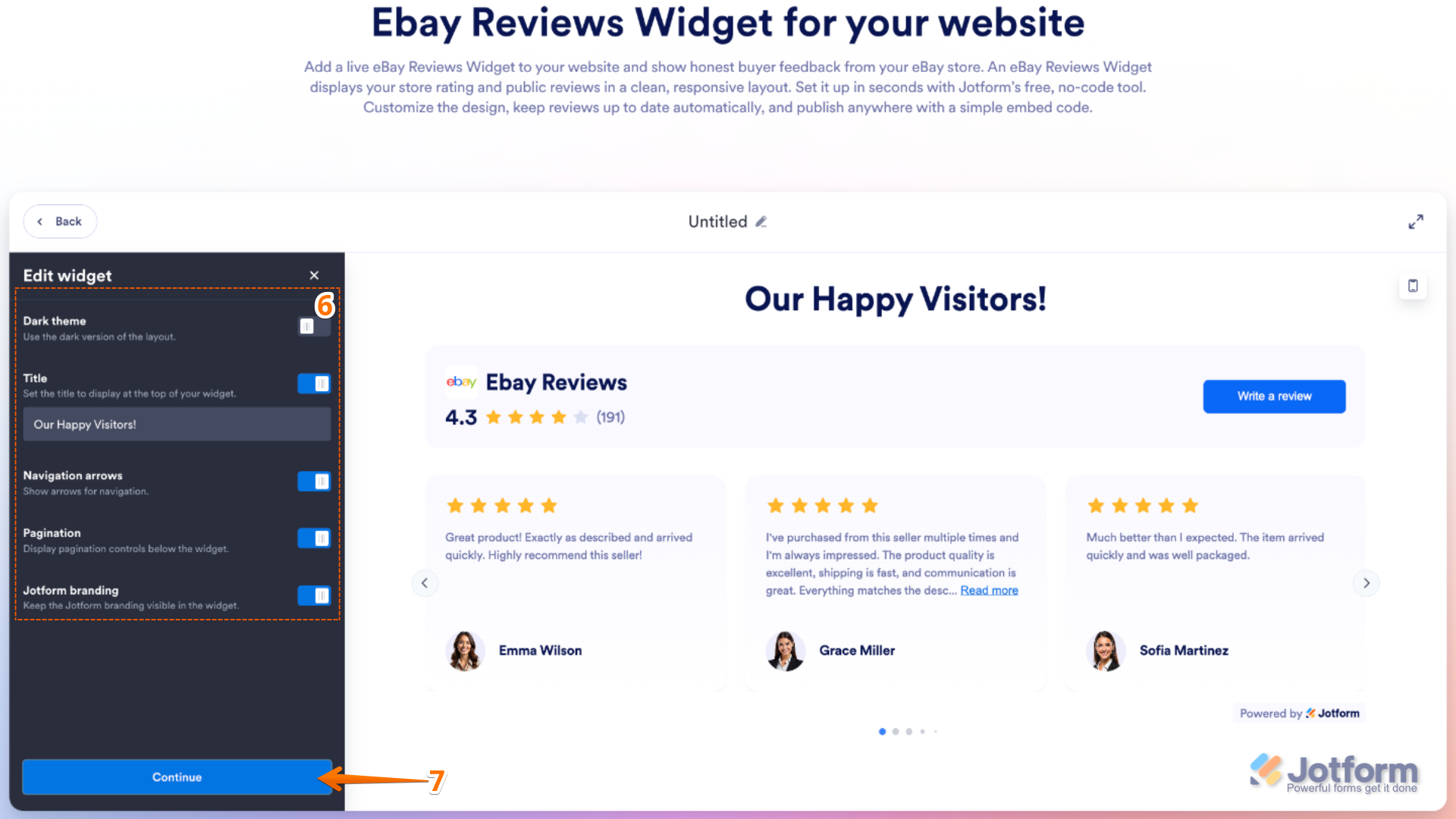 Configuring advanced eBay Reviews widget settings including badge position, theme style, review navigation controls, and load more button customization