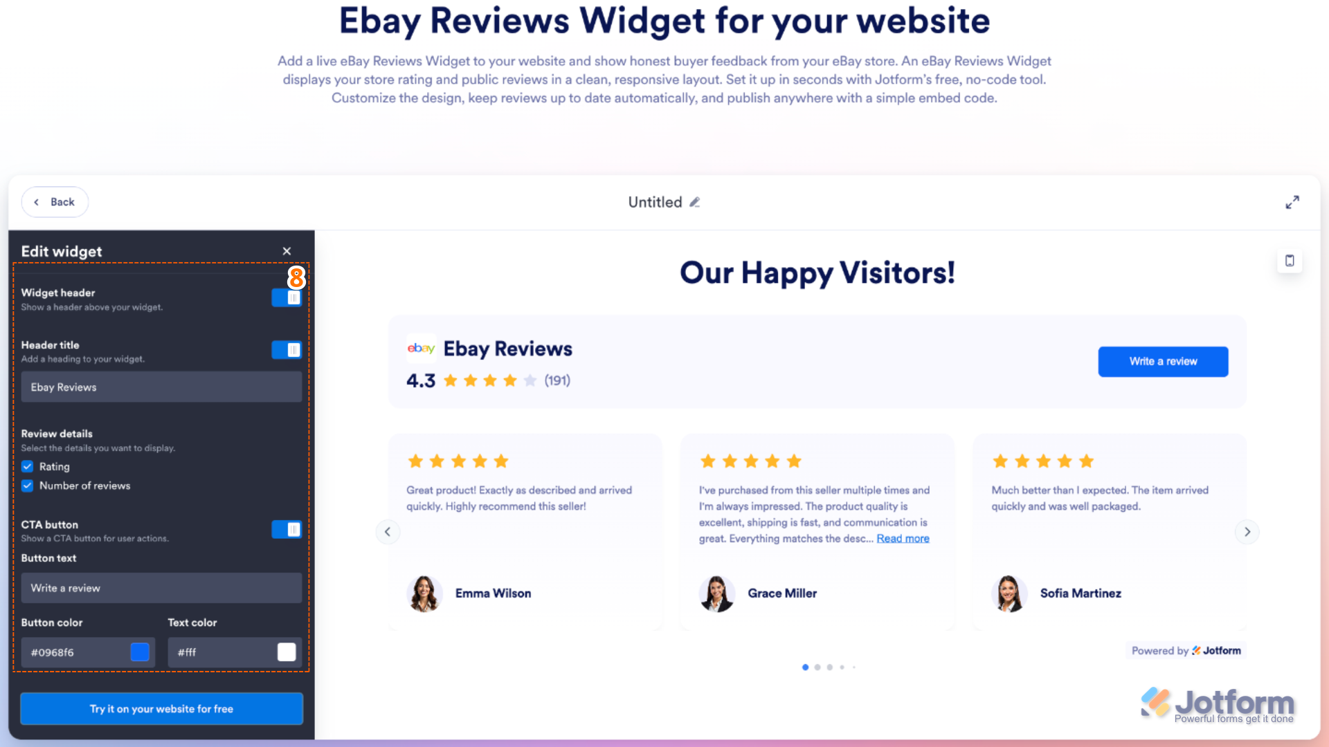 Customizing eBay Reviews widget header, review details display, and call-to-action button text and color settings