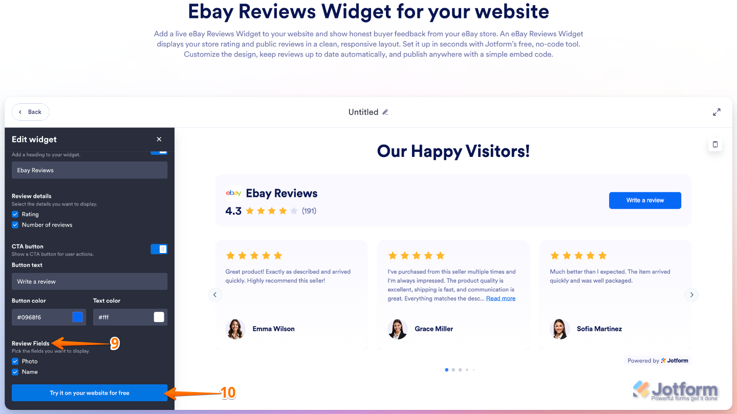 Customizing eBay Reviews widget review cards by toggling Photo and Name visibility in the Edit Widget menu