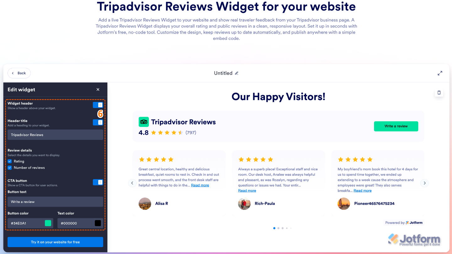 Tripadvisor Reviews widget settings showing Widget Header, Header Title, Review Details, and CTA button customization options