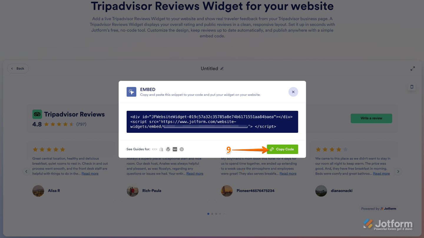 Tripadvisor Reviews widget Embed window in Jotform showing Copy Code button to copy the embed code