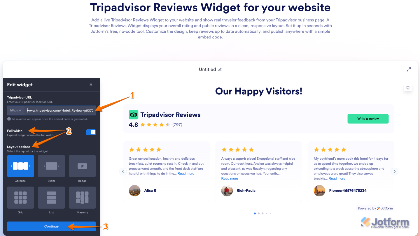 Tripadvisor Reviews widget page showing Tripadvisor URL field, Full Width toggle, and Layout Options settings