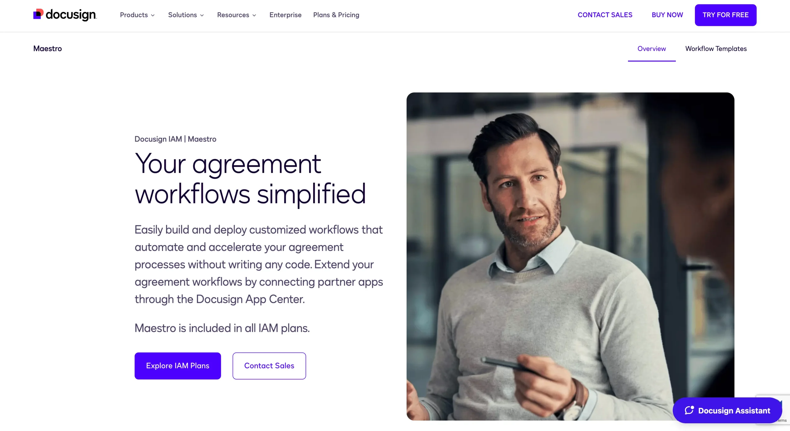 Screenshot of Docusign Maestro's landing page, showing a headline "Your agreement workflows simplified"