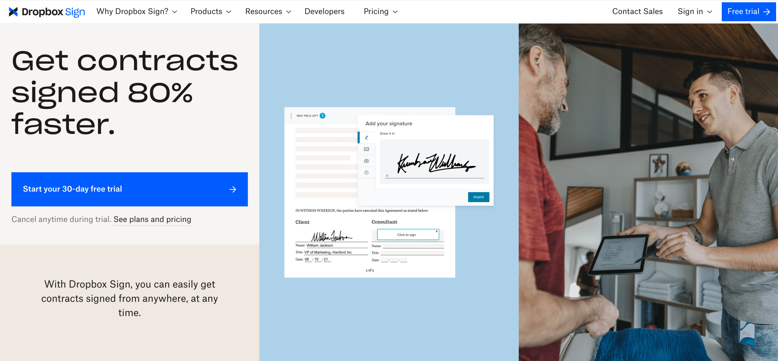 Screenshot of Dropbox Sign's landing page, showing a headline "Get contracts signed 80% faster"