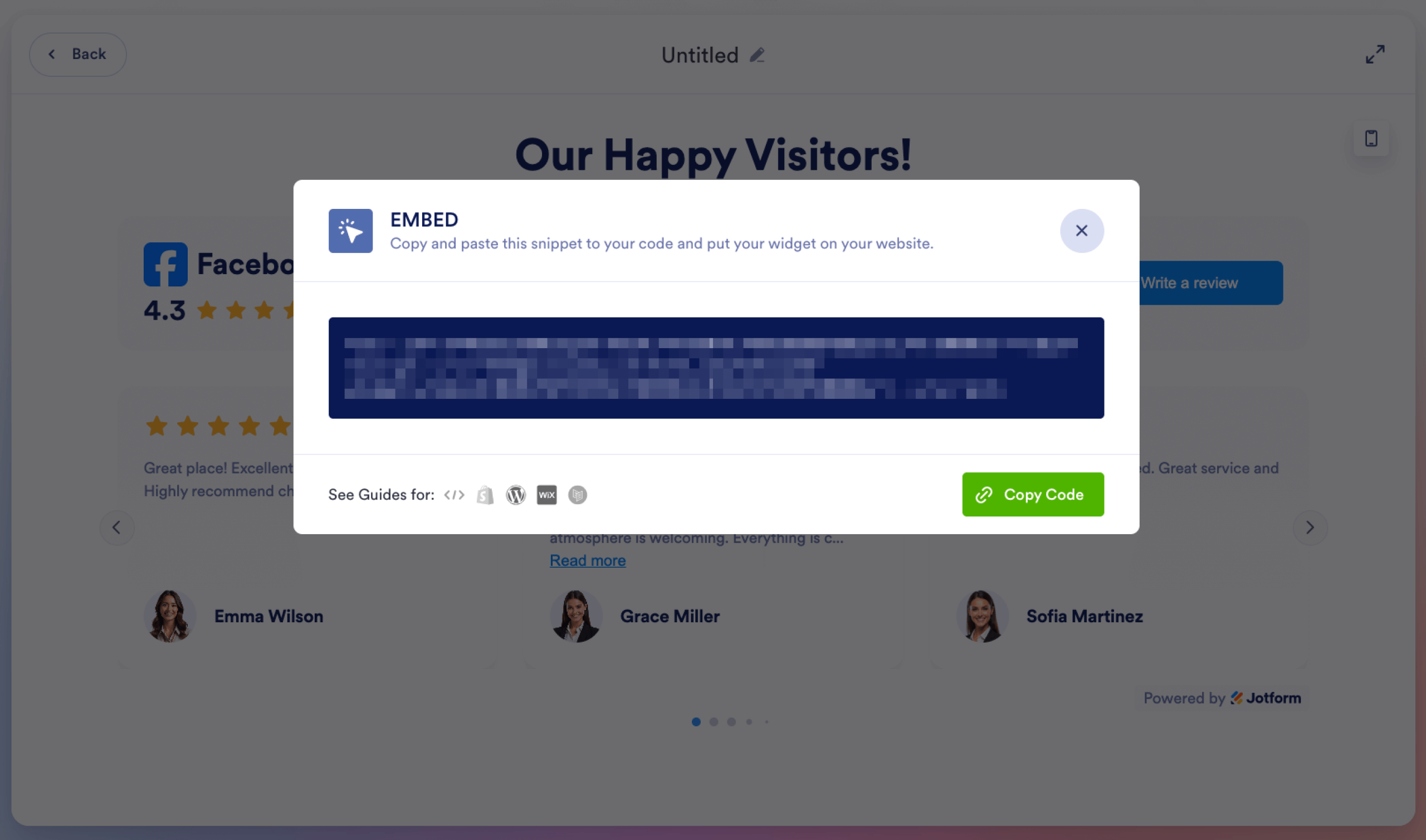 Sign-up modal displayed over the Facebook Reviews preview, prompting account creation to publish the widget