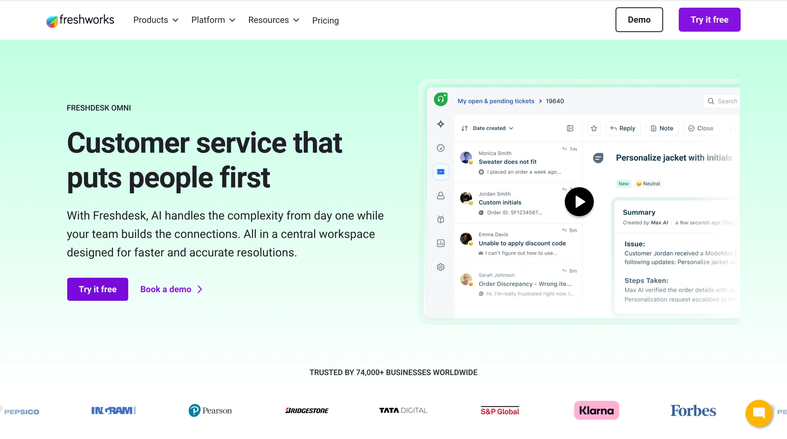 Screenshot of Freshdesk Omni's landing page, showing a headline "Customer service that puts people first"