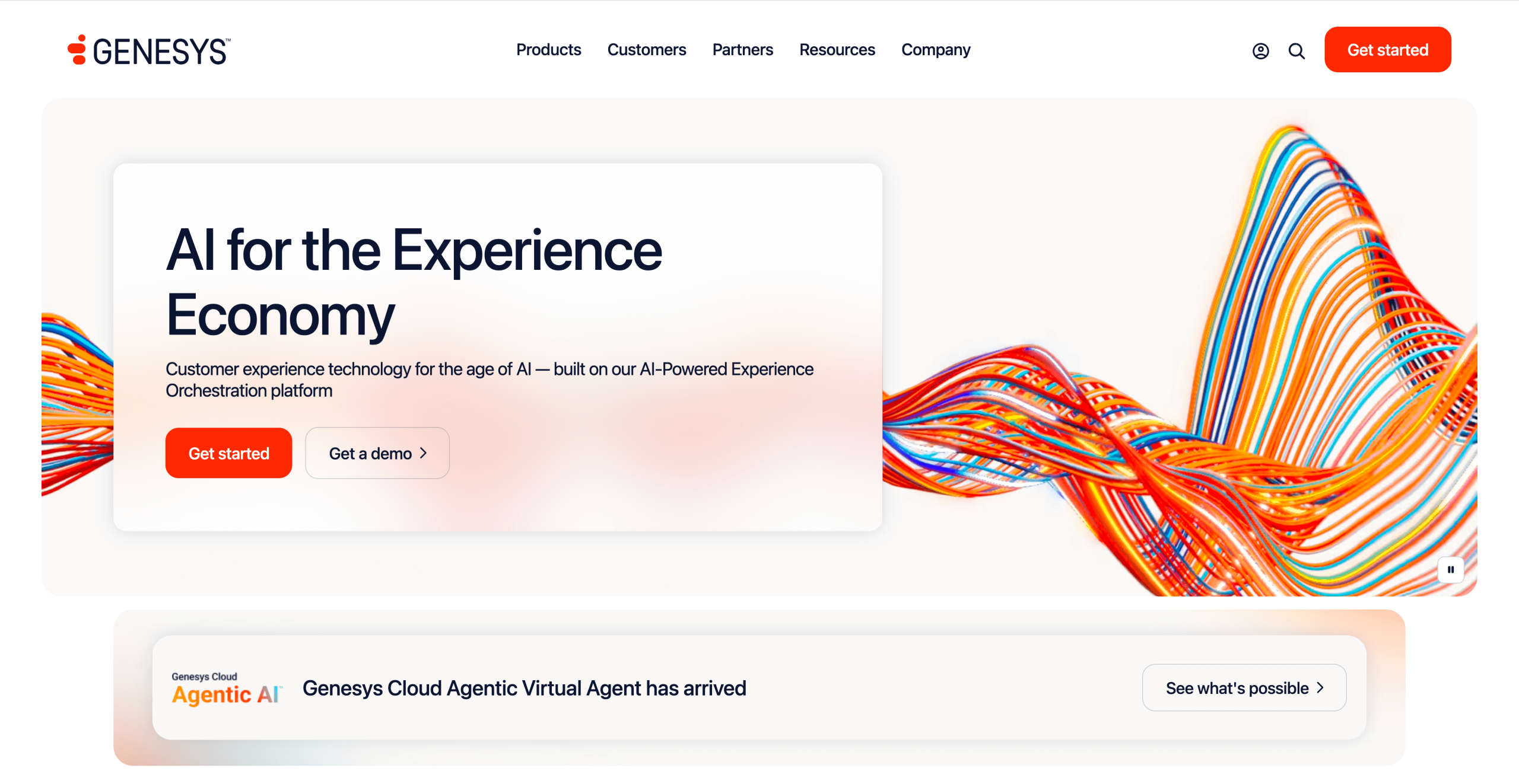 Screenshot of Genesys landing page, showing a headline "AI for the Experience Economy"