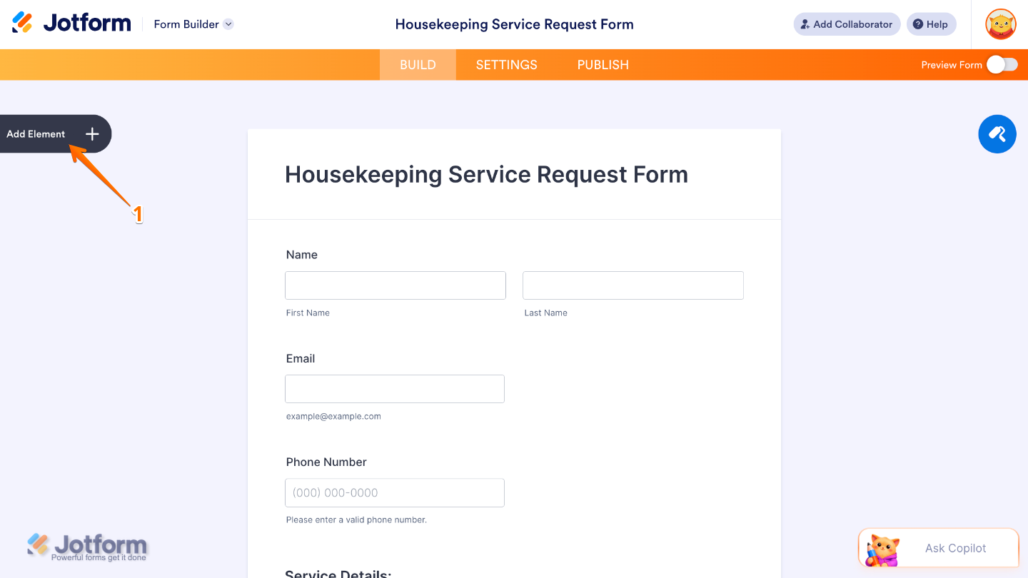 Form Builder interface showing the Add Element button on the left side of the page