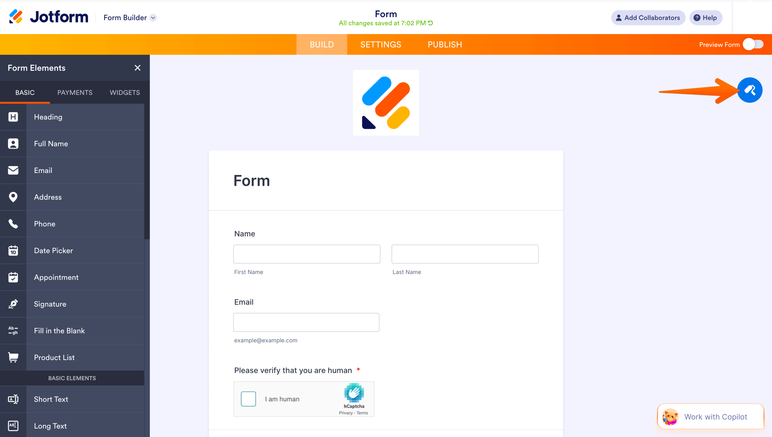 Jotform Form Builder with the Paint Roller icon highlighted, showing where to open the Form Designer to customize colors, fonts, and layout