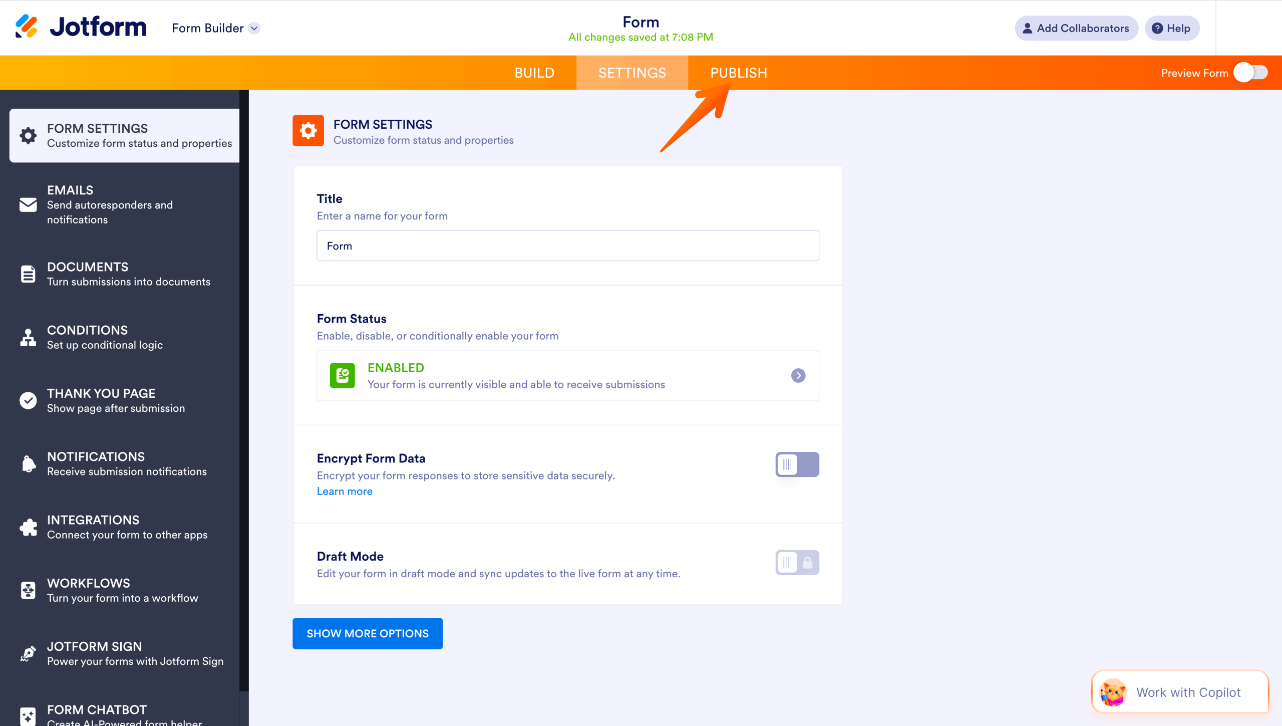 Jotform Form Builder showing the Publish tab highlighted in the top navigation bar, with an arrow pointing to it to indicate publishing the form