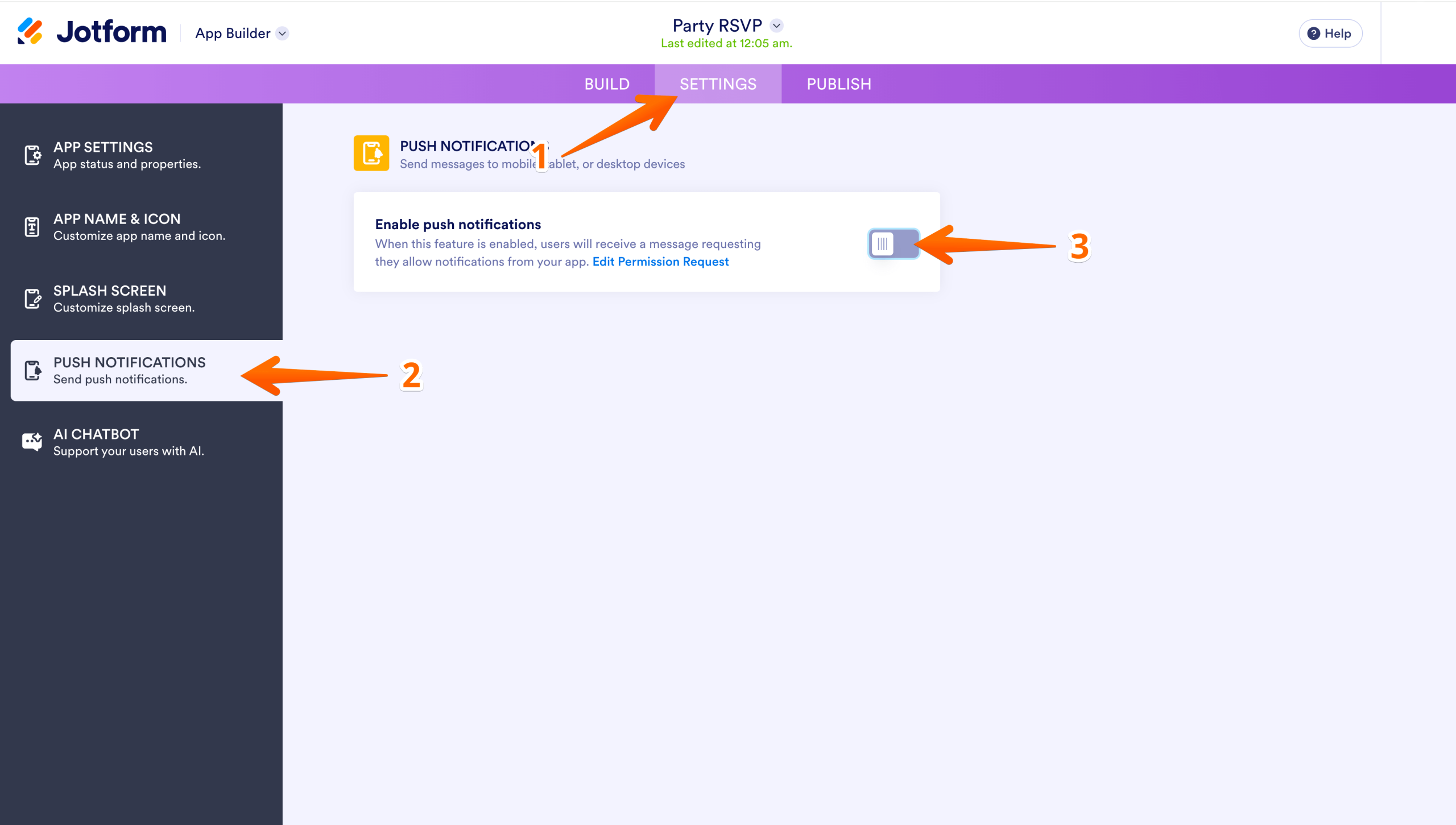 Jotform App Builder Settings tab open with Push Notifications selected in the left sidebar
