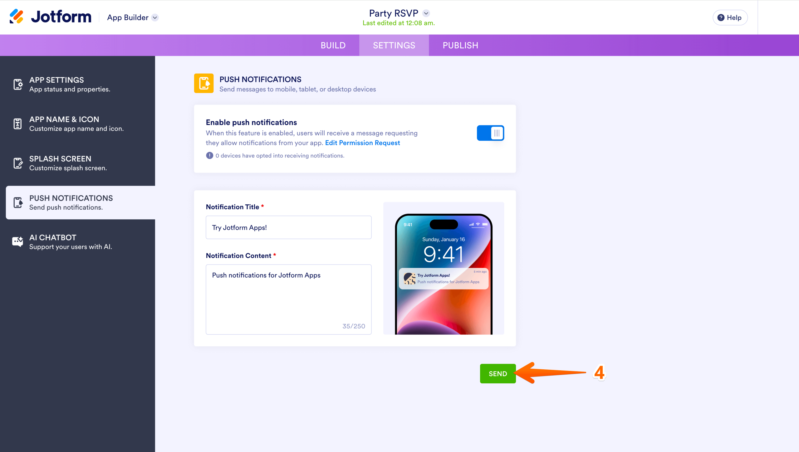 Jotform App Builder Push Notifications settings showing fields for Notification Title and Notification Content, a mobile preview on the right, and the green Send button highlighted in the bottom-right corner with a numbered arrow