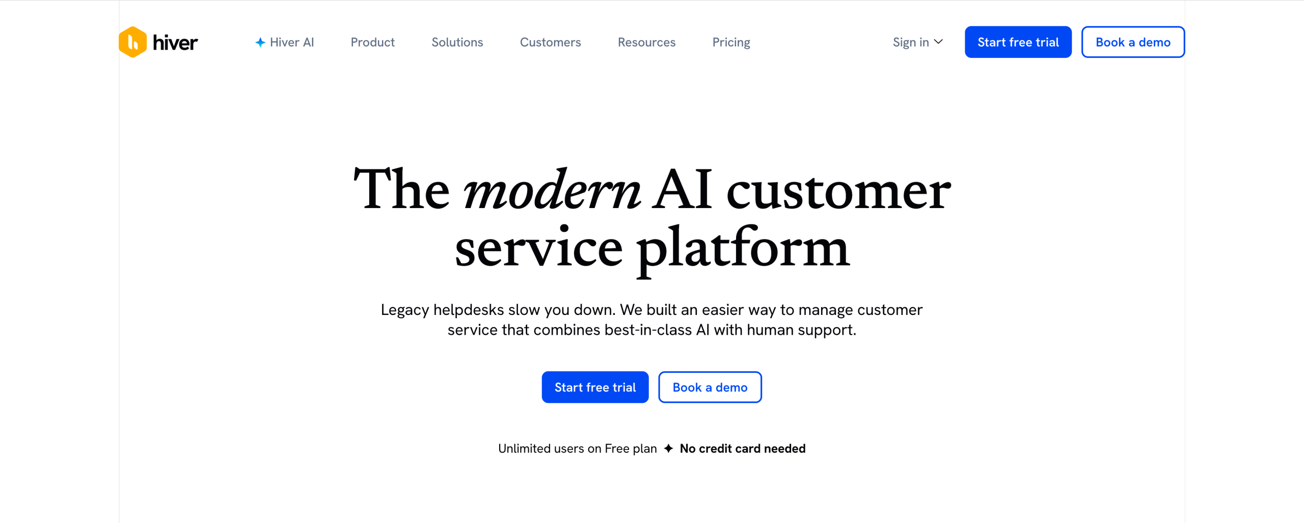 Screenshot of Hiver's landing page, showing a headline "The modern AI customer service platform"