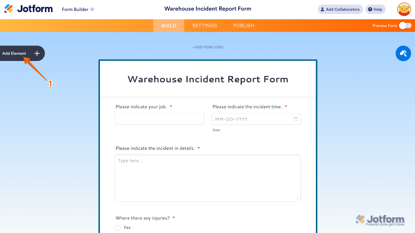 Form Builder interface showing the Add Element button on the left side of the page