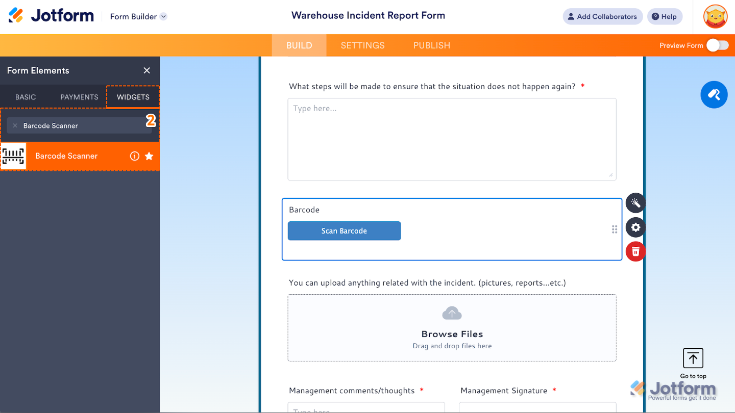 Form Elements menu under the Widgets tab showing the Barcode Scanner widget being searched and selected