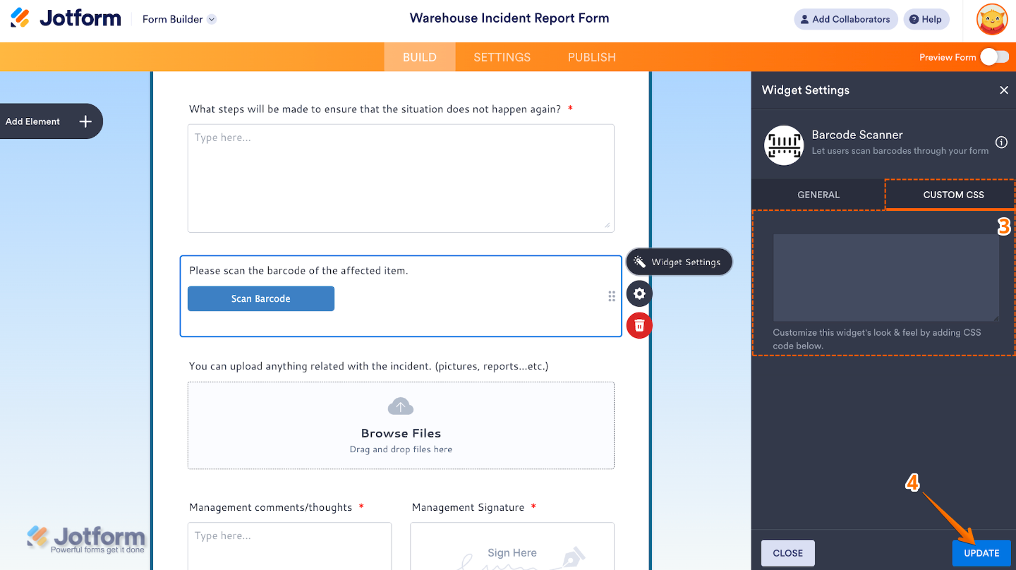 Widget Settings panel for the Barcode Scanner widget displaying the Custom CSS option and the Update button to apply styling changes