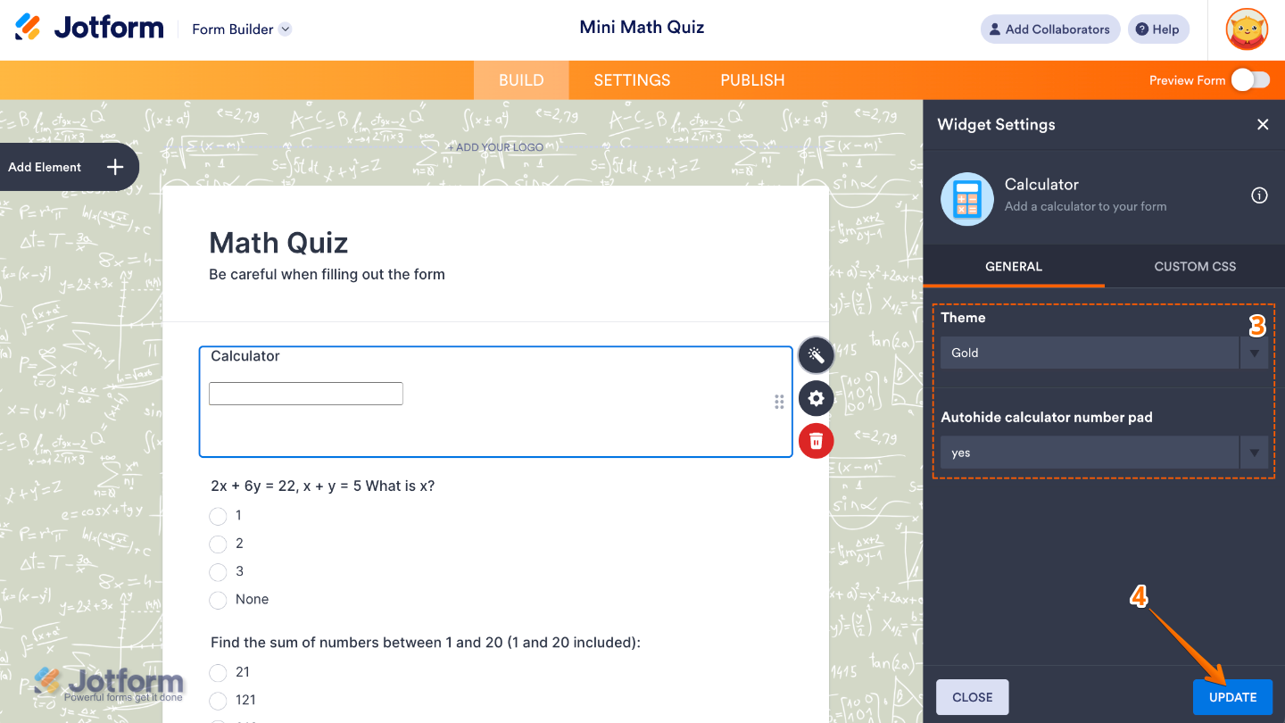 Customizing the Calculator widget in Form Builder by choosing a theme and enabling autohide number pad option