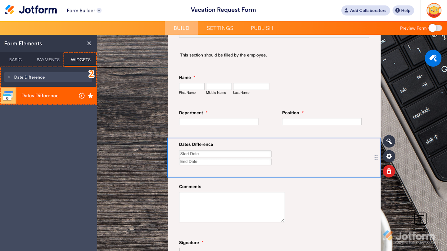Form Builder showing the Widgets tab with the Dates Difference widget searched and selected