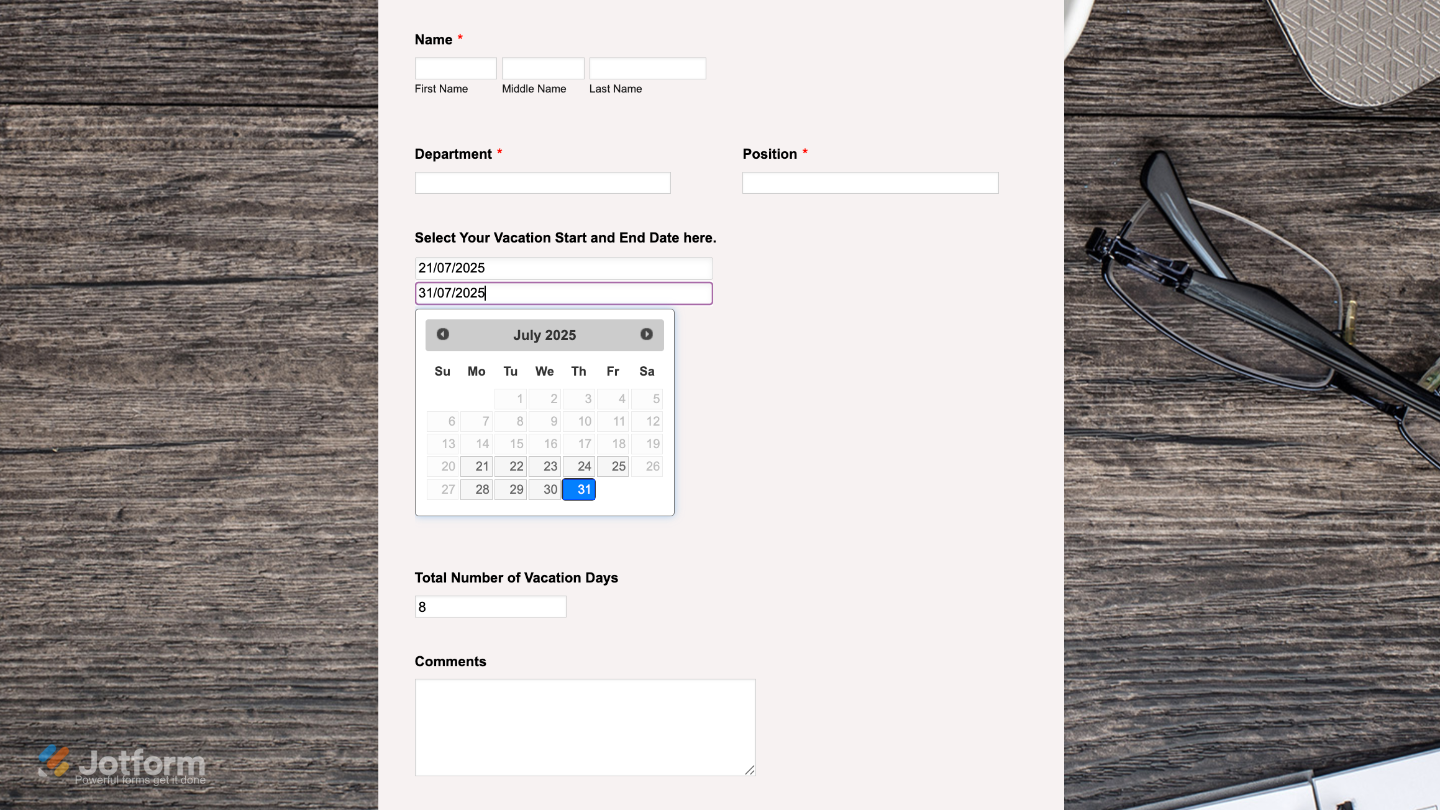 Dates Difference widget successfully added, showing automatic calculation of days between two selected dates
