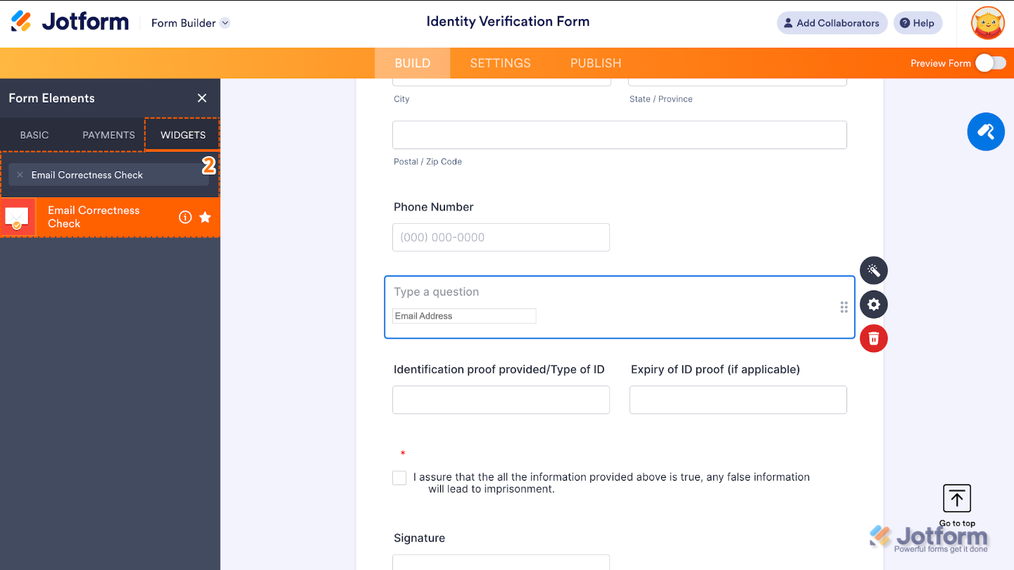 Form Elements menu under the Widgets tab showing the Email Correctness Check widget being searched and selected