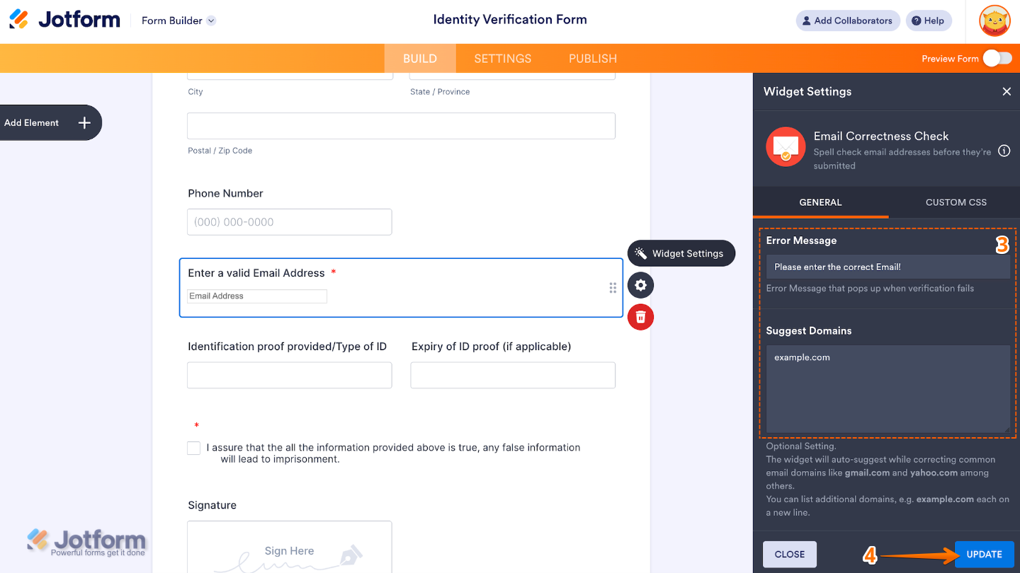Widget Settings panel for the Email Correctness Check widget displaying fields for error message text and domain suggestions