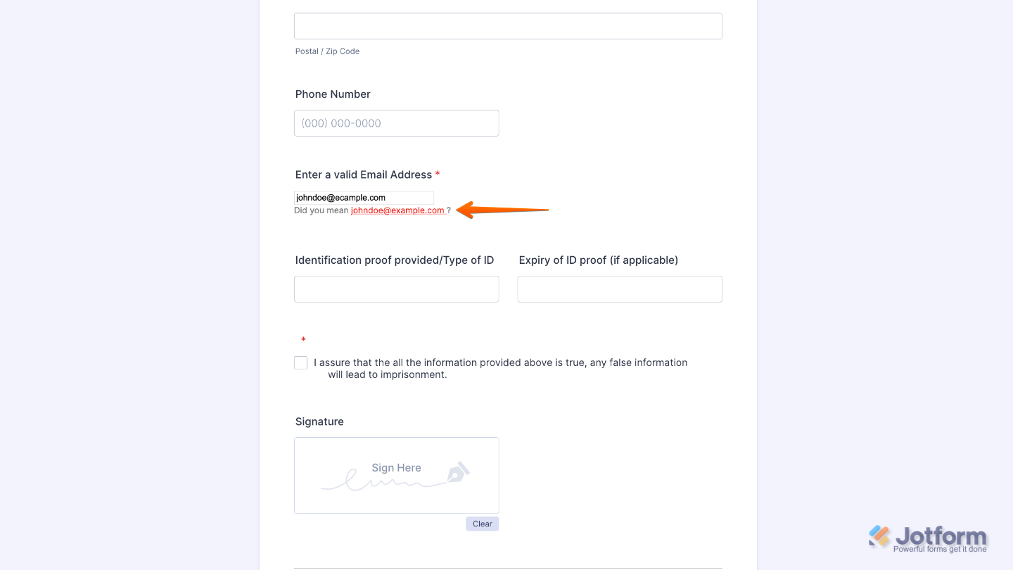 Form with the Email Correctness Check widget set up, validating email entries to reduce typos and mistakes