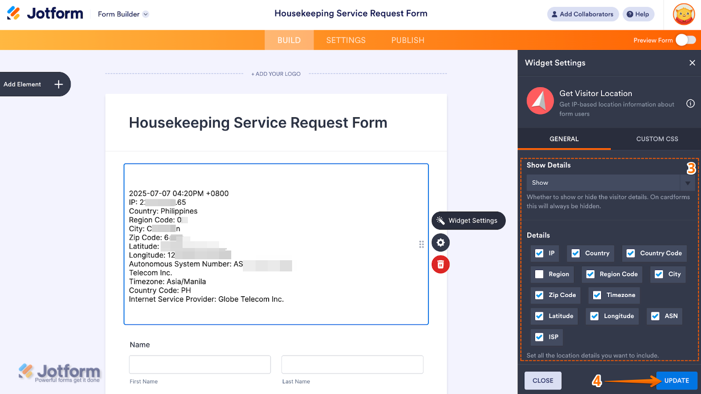 Widget Settings panel for the Get Visitor Location widget displaying Show Details and selectable location detail options