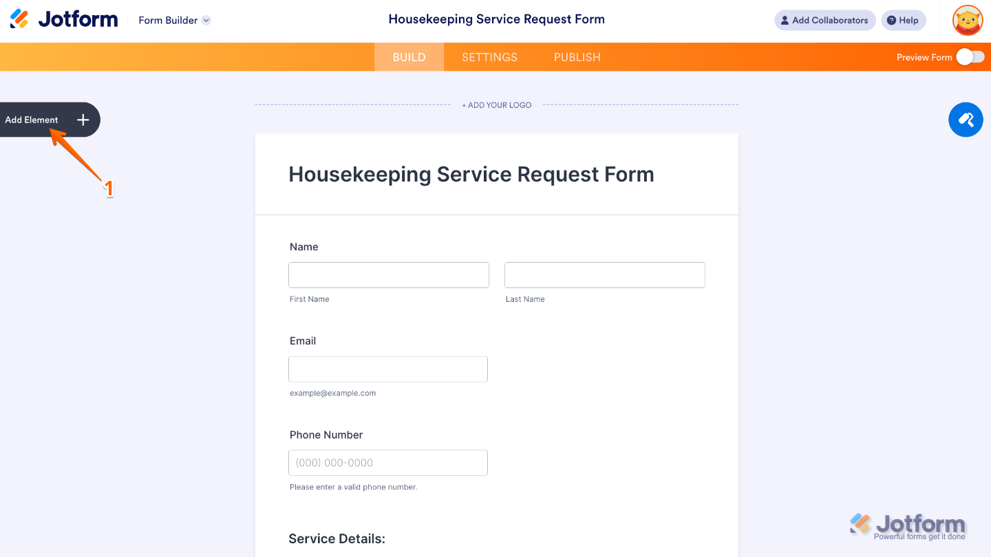Form Builder interface showing the Add Element button on the left side of the page