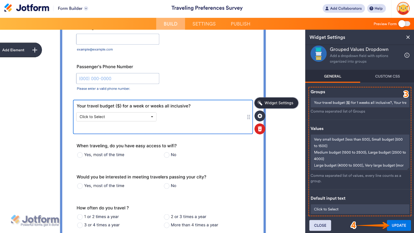 Widget Settings panel for Grouped Values Dropdown with group labels, dropdown values, and placeholder text setup