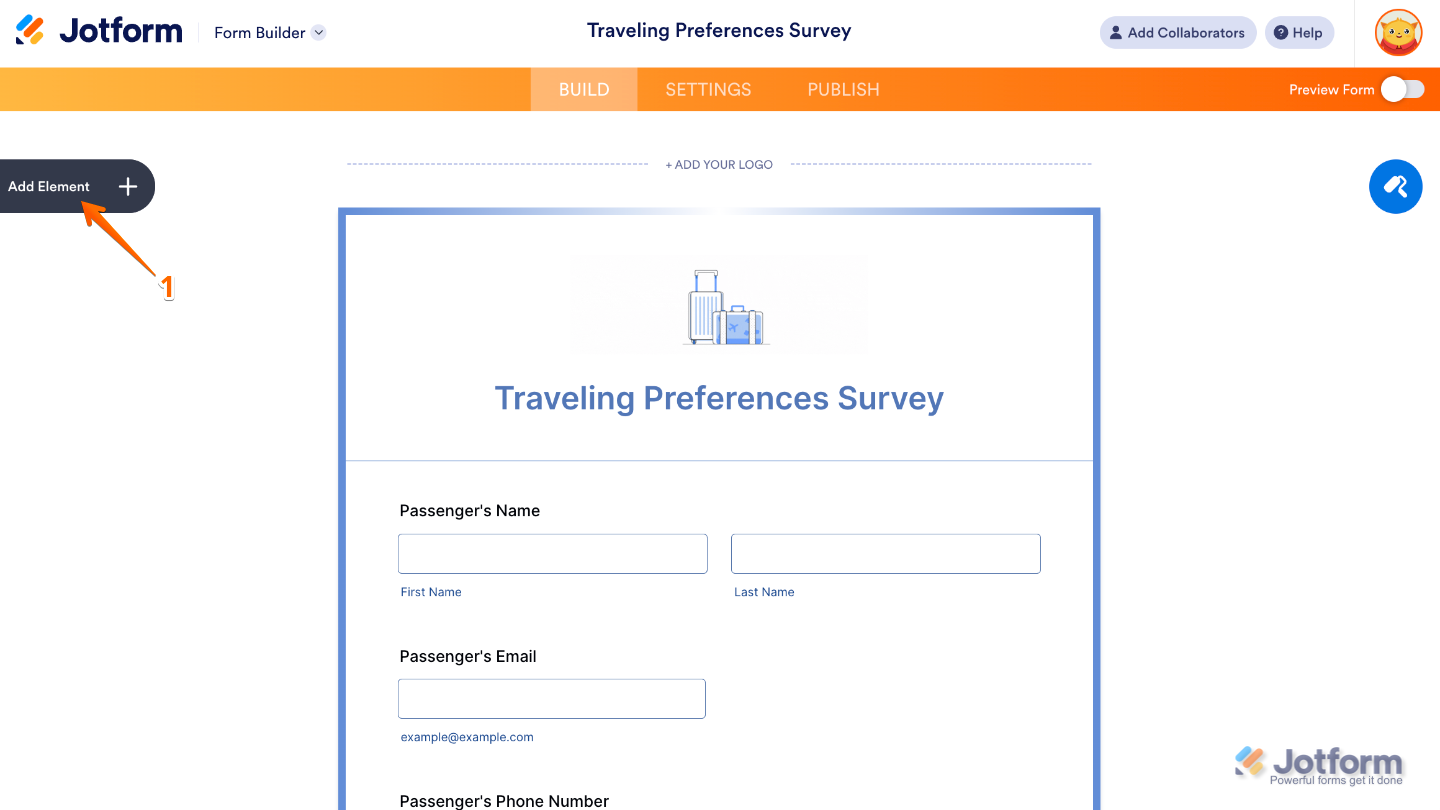 Form Builder interface showing the Add Element button on the left sidebar for adding new form fields