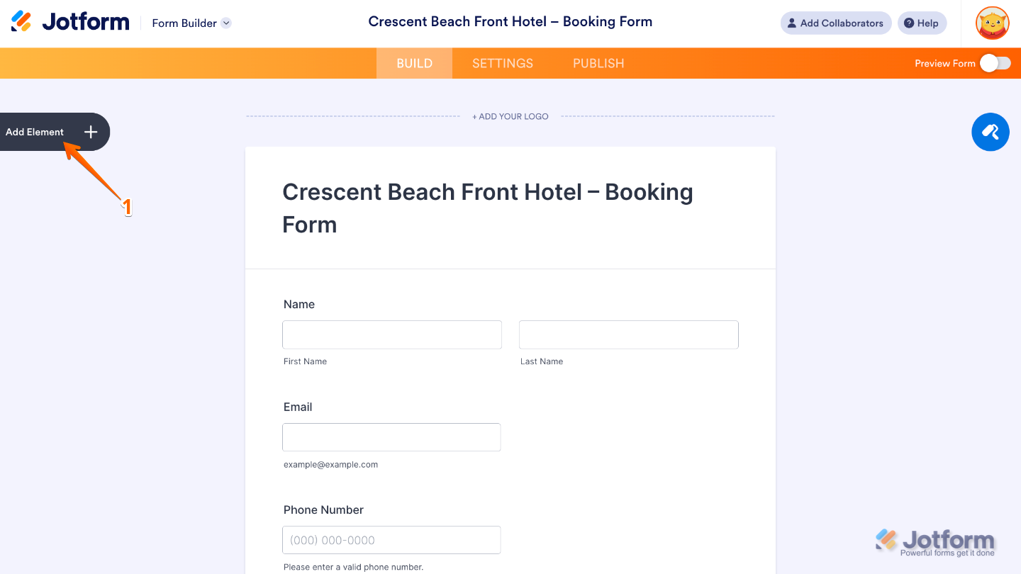 Form Builder interface showing the Add Element button on the left panel