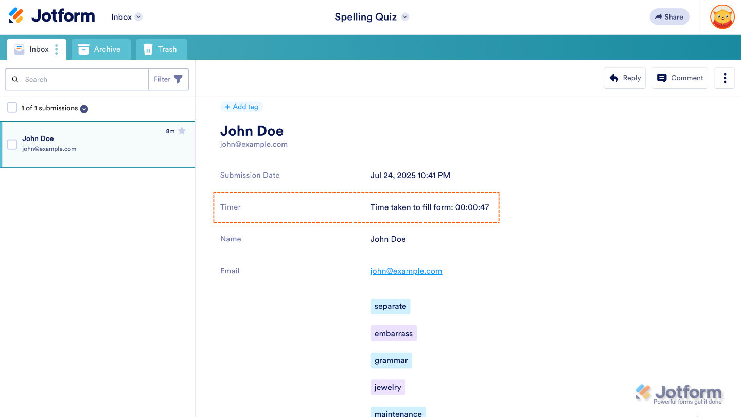 Form preview showing the Time Tracker widget tracking user time per form submission or section
