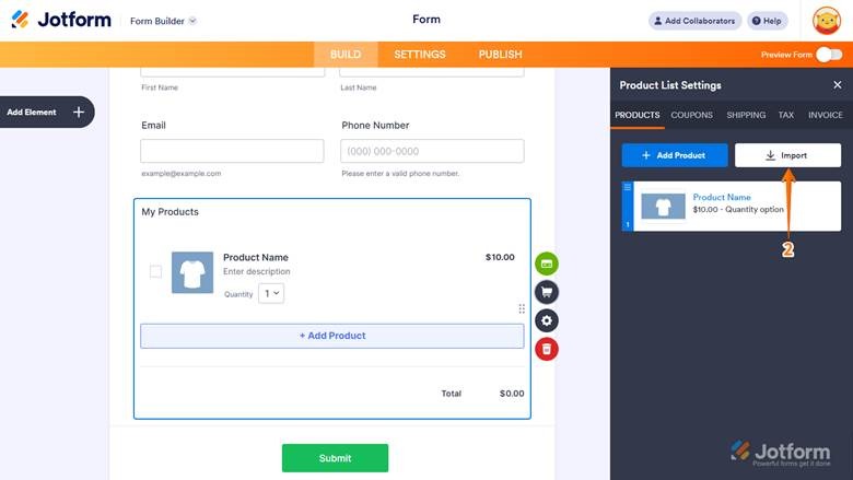 Jotform Product List Field Import Products Button Screenshot