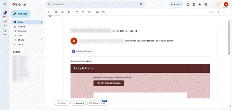 Email showing the form invitation and the "Fill out in Google Forms" button