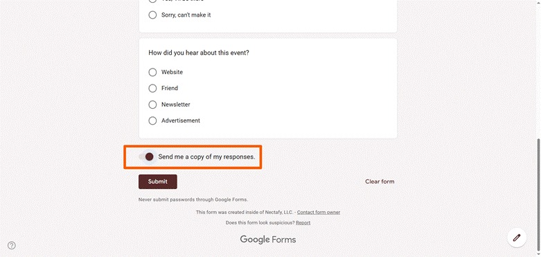 Google Forms interface showing the "Send me a copy of my responses" toggle